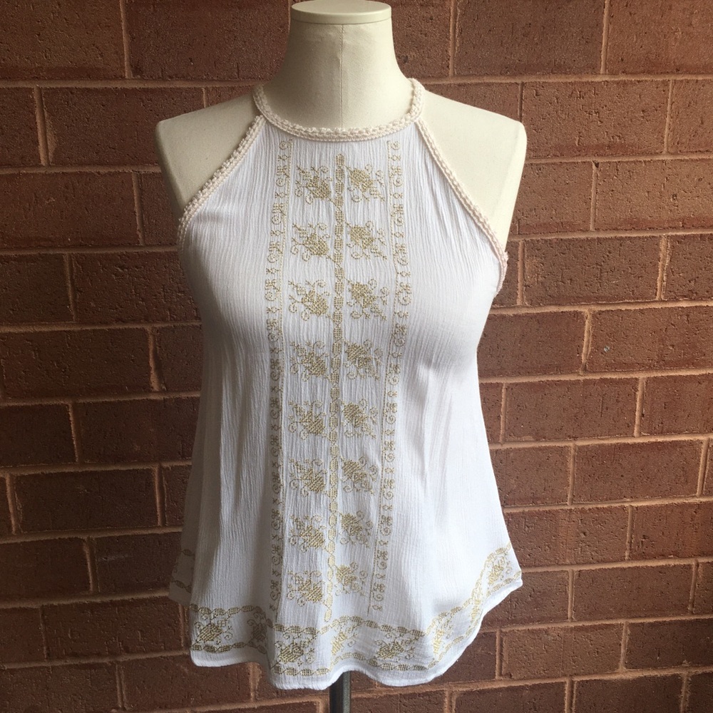 House of Harlow 1960 White with Gold Embroidery Boho Halter Top